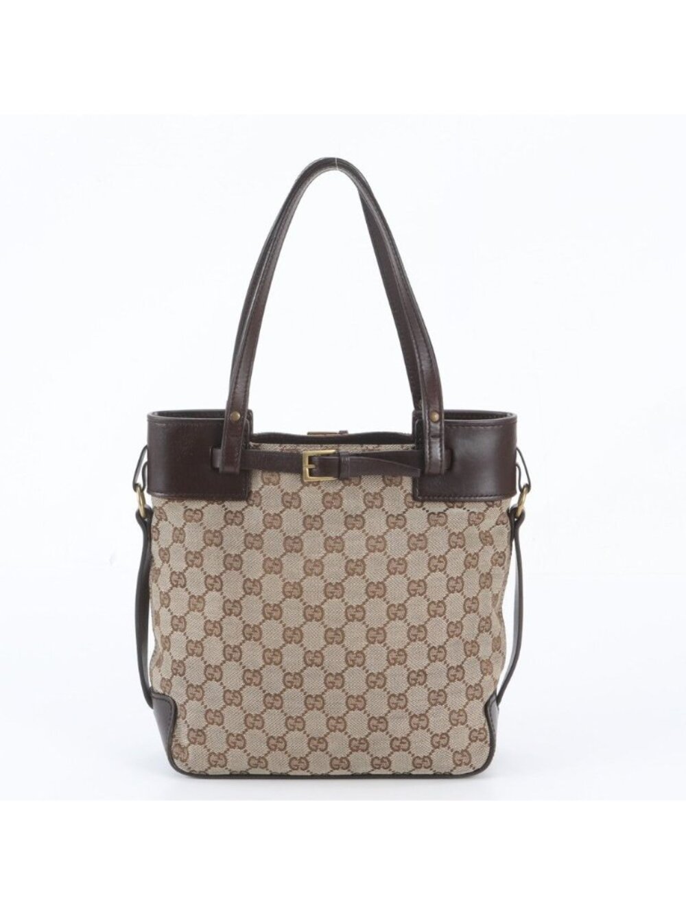Gucci GG Canvas Leather Tote Bag Shoulder Hand Brown